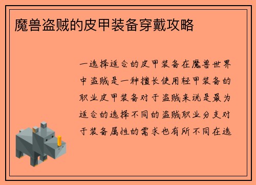 魔兽盗贼的皮甲装备穿戴攻略